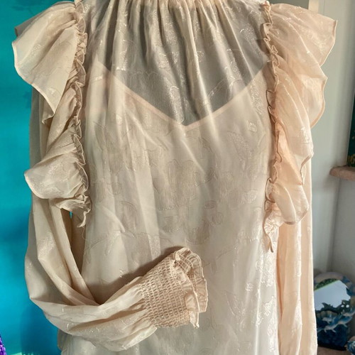 Iridescent floral semi-transparent blouse beige new, size M