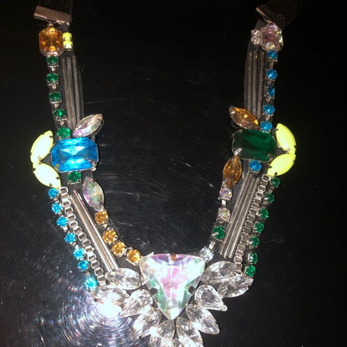 Statement necklace like new with multicolored stones and black satin ribbon