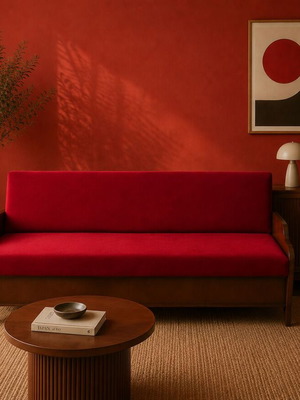 Mid-Century Modern sofa bed used, burgundy velvet, solid wood arms