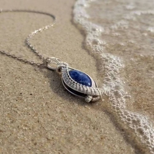 Handmade wire pendant with semiprecious blue stone, new