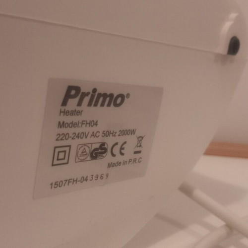 Primo FH04 Floor Fan Heater like new, 2000W, white
