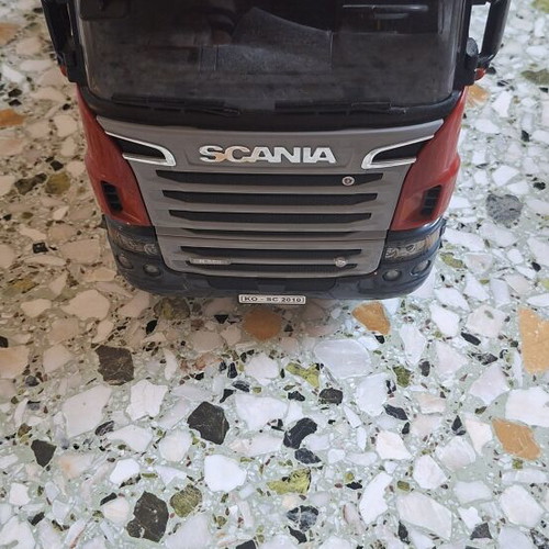 Scania truck with Cat bulldozer toy