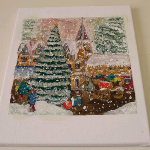 Snowy Village oil painting on canvas like new (25x31)