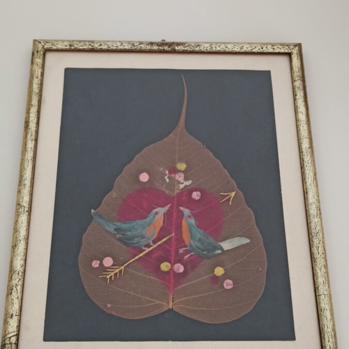 Handmade paintings on dried Peepal leaves set of 4, used