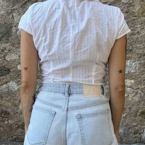 Zara white striped short-sleeve shirt with cord