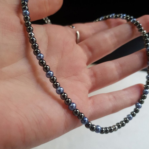 Blue Glass Pearl and Hematite Necklace stainless steel, like new