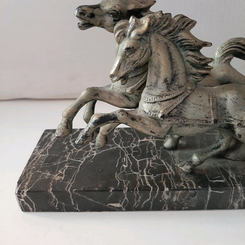 Italian decorative piece used, marble base, chariot scene with Roman soldier