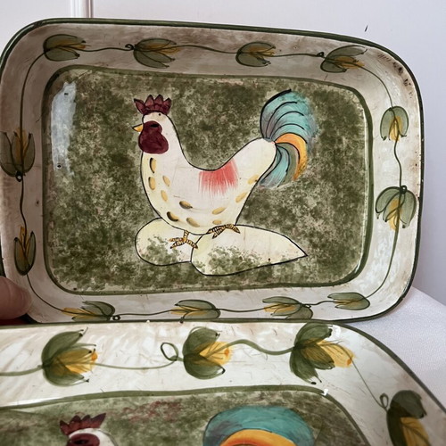 Vintage ceramic oven baking dishes set with rooster motif