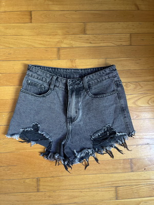 Denim shorts high waisted with ripped details, like new, black and grey