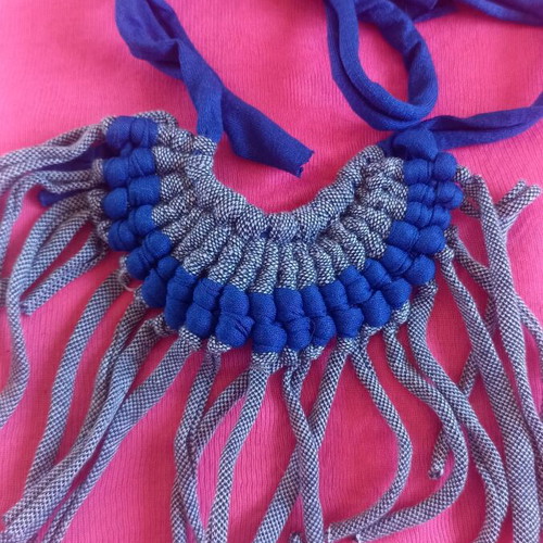 Macrame fabric necklace like new, blue and denim with fringes