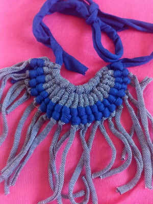 Macrame fabric necklace like new, blue and denim with fringes