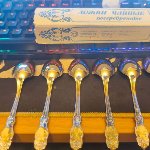Soviet Silver-Plated Tea Spoons Set of 6 used, MNC 15-20 with Box