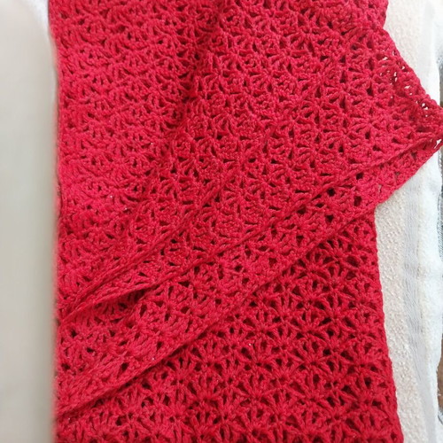Red merino and silk crochet shawl with sequins
