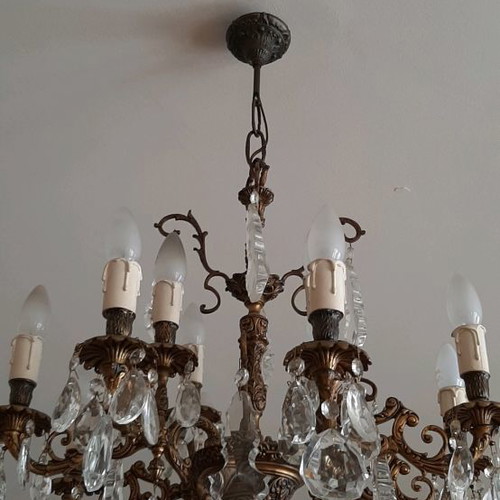Bronze chandelier used with multiple crystals, vintage 70's from USA