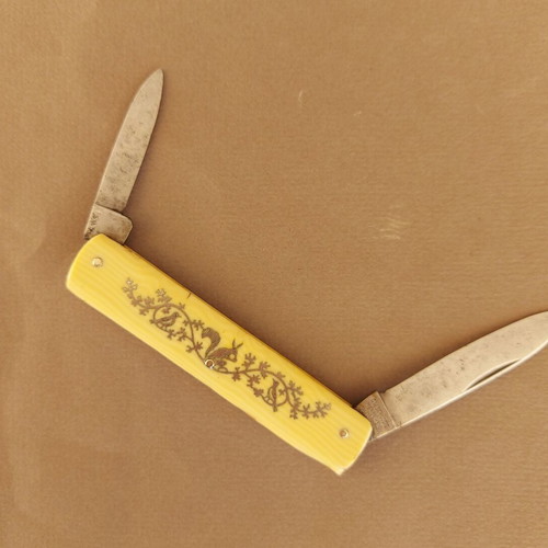 Antique German Schuddig Solingen pocket knife used with double blades and silver inlay decoration