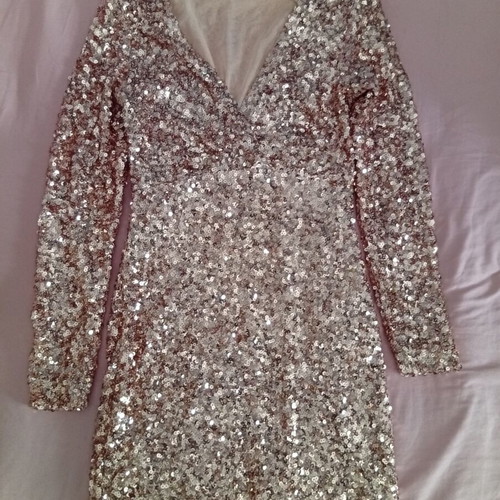 Embroidered Mini Dress with Gold Sequins, New, Size M-L