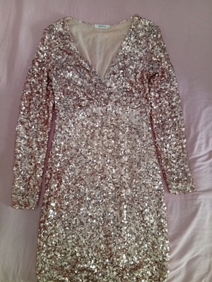 Embroidered Mini Dress with Gold Sequins, New, Size M-L