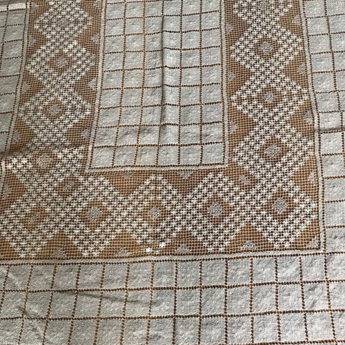 Venetian style embroidery tablecloth used, large, antique