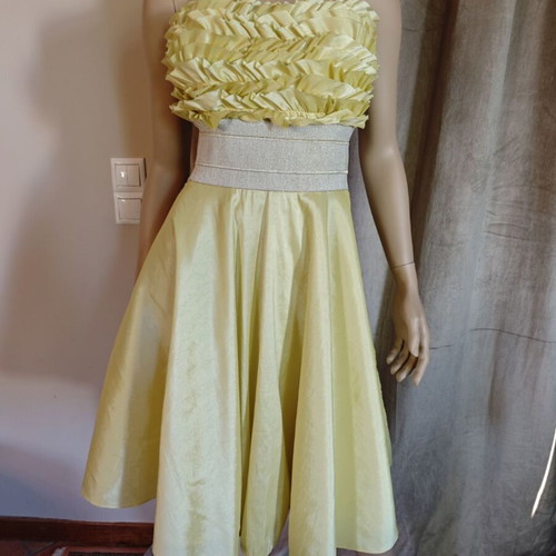 Vintage satin dress s/m with petticoat, strapless with optional straps, yellow