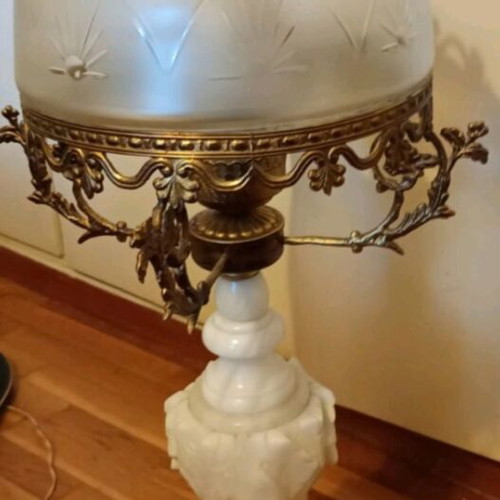 Vintage table lamps set of two, alabaster, brass and crystal