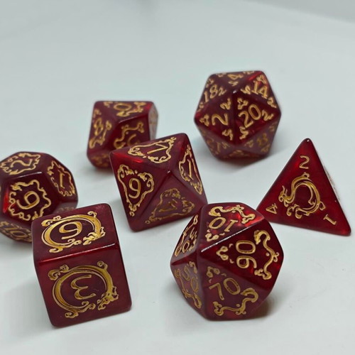 D&D Dragon Pearl Red & Gold Dice Set like new, 7 pieces