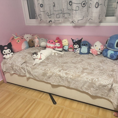 Children's bed 90x200 cm with pull-out second bed, pink and white