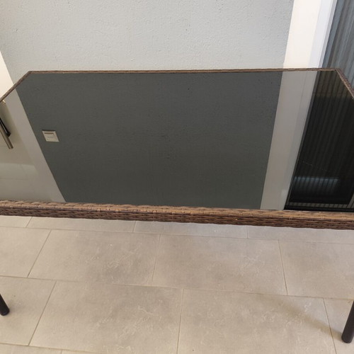 Balcony table rattan with glass surface like new