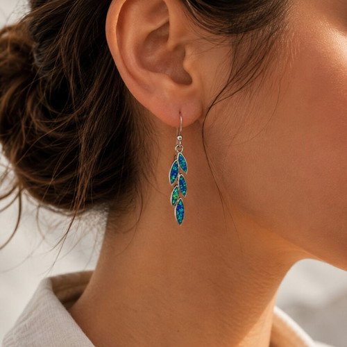 Silver 925 Earrings with Blue Opal Olive Leaf Design like new