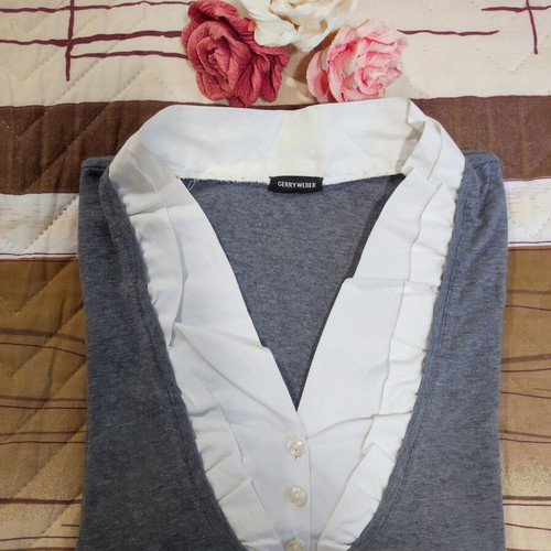 Gerry Weber 2-in-1 mock shirt jumper with ruffle collar, grey, size UK 14 EU 40