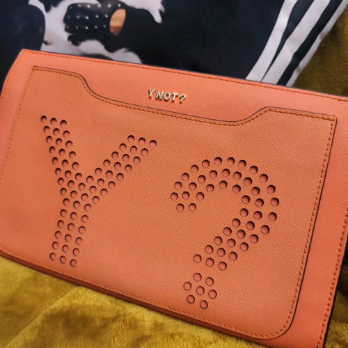 Y Not? Handbag like new, orange envelope with strap and keychain