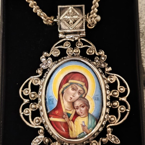 Episcopal Pectoral Enkolpio with Panagia and Russian Enamel 925° like new