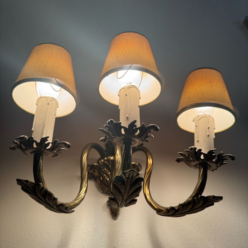 Wall Lights with Triple Lighting Used, Pair, Brass Louis XV Style