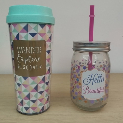 Shaker with Lid and Glass Jar with Straw Like New