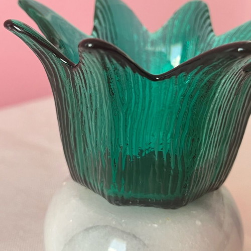 Vintage tulip candleholder & vase like new, green glass with marble base