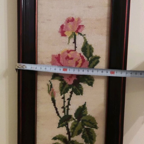 Vintage embroidered painting used with rose in wooden frame