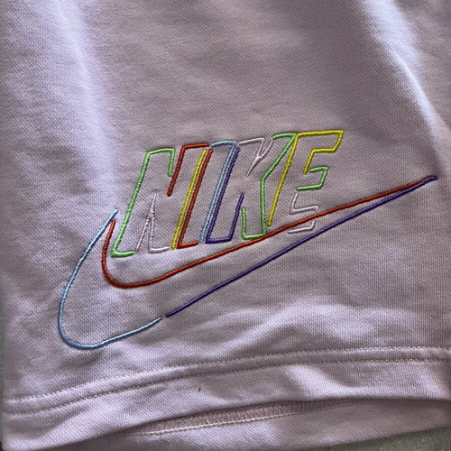 Nike Sportswear pink shorts with multicolor embroidered logo, size S
