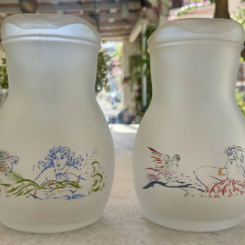 Set of 2 Loumidis collectible glass coffee jugs signed by G. Stathopoulos