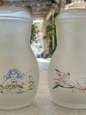 Set of 2 Loumidis collectible glass coffee jugs signed by G. Stathopoulos