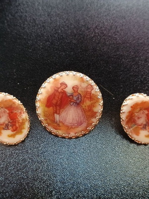 Винтидж дамски комплект обеци с клипс и брошка употребяван, многоцветен, златист