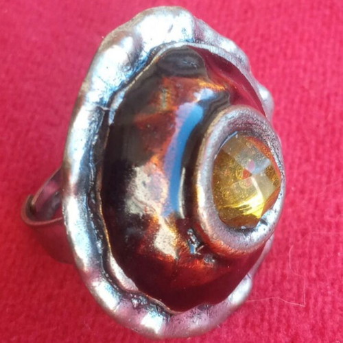 Vintage stainless steel ring with enamel and citrine gemstone like new