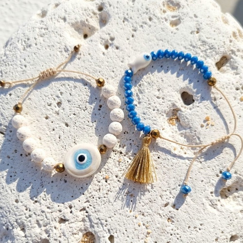 Set of 2 bracelets with ceramic eye and fish, lava and crystals