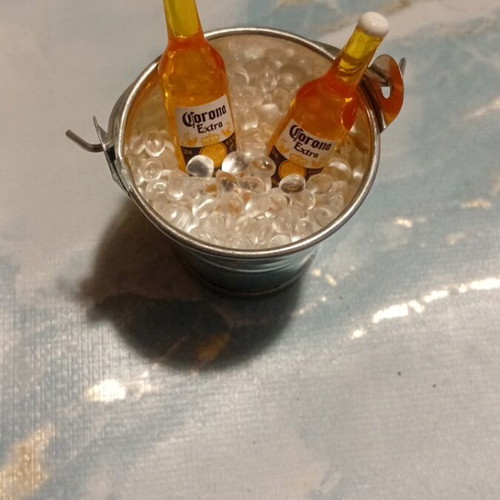 Miniature ice bucket with ice cubes and 2 Corona beers new