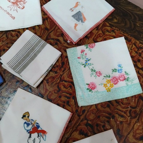 Collection of used handkerchiefs with folklore motifs, 7 pieces