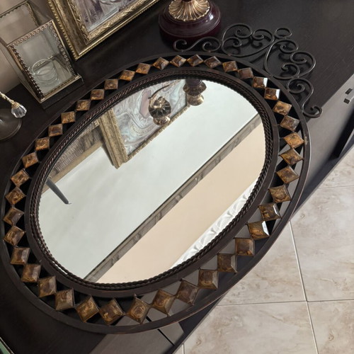 Decorative hammered mirror with metal frame like new