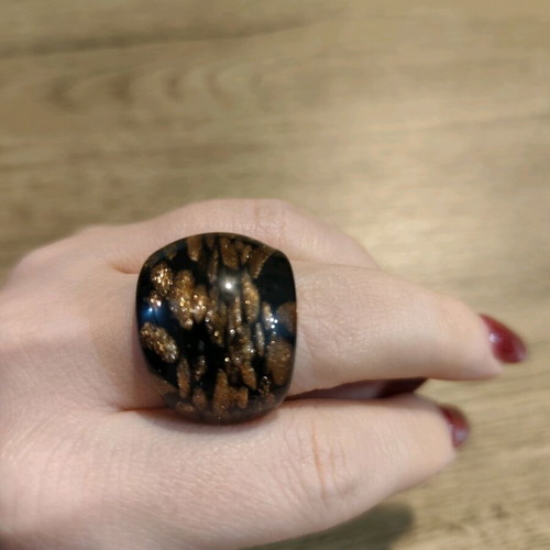 Vintage handmade Murano Glass ring new, black with gold aventurina