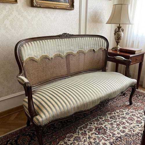 Prewar sofa with rattan used, 140 cm length