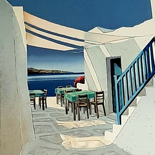 Λιθογραφία Ταβερνάκι σε Ελληνικό νησί Pierre Bertaux Marais σαν καινούργιο