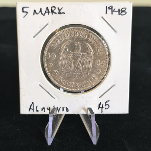 5 Reichsmark 1934 D German coin used, 900‰ silver