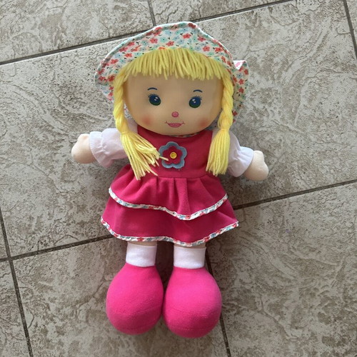Cloth doll girl 48cm with pink dress and floral hat