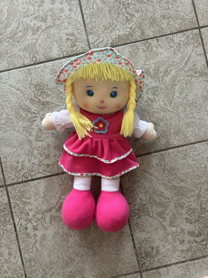 Cloth doll girl 48cm with pink dress and floral hat